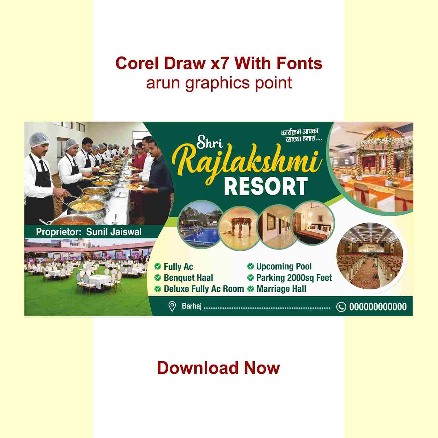 shree Rajlakshmi Resort banner design with fonts corel draw x7