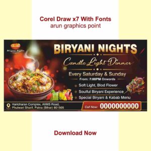 Biryani Nights Banner design (20×10) with Fonts Corel Draw x7