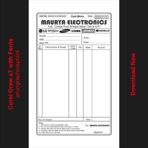 Maurya Electronics Cash Memo Design CorelDRAW X7 CDR File | Editable Electronics Bill Book Template